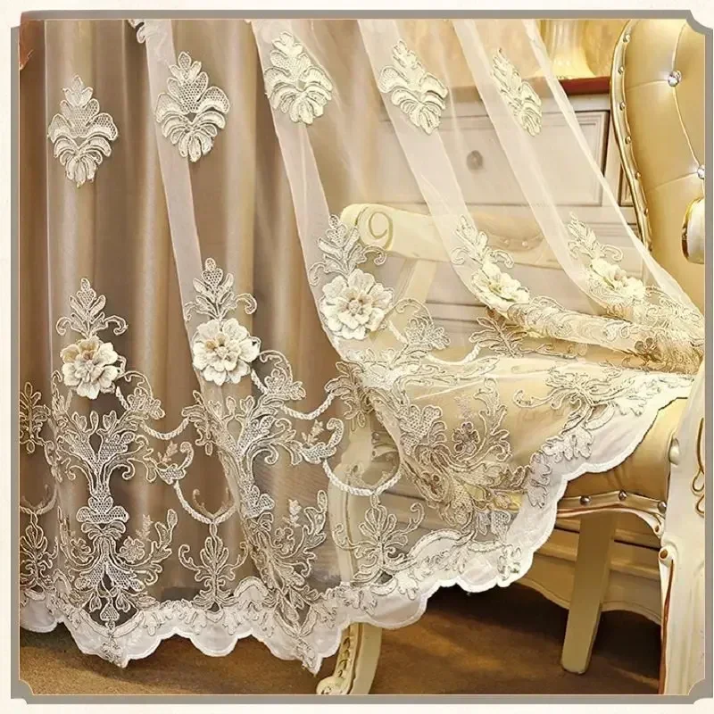 Golden Double Layer Curtains for Living Room Dining Bedroom Tulle European Embroidered Luxury Villa Windows High Shading Flower