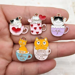 10pcs Heart Cat Charm for Jewelry Making Enamel Necklace Keychain Phone Pendant Diy Accessories Alloy Metal Gold Plated
