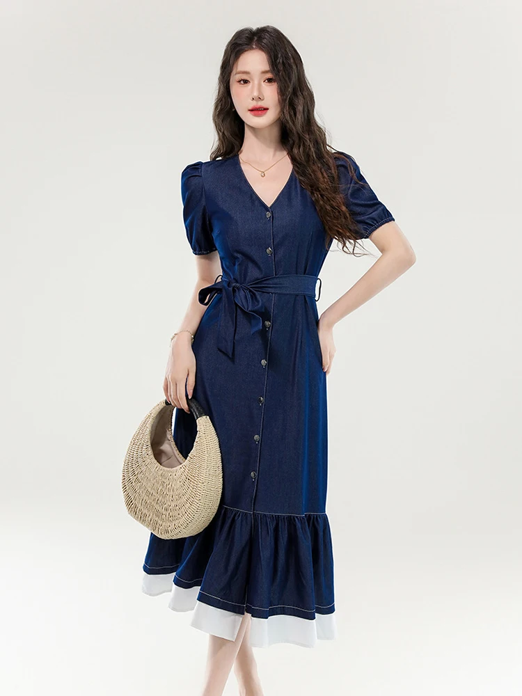 Women Street Clothes Denim Retro Puff Sleeve Single Breasted Belt Slim A-Line Long Dress Elegant Vestidos Robe Casual Sweet New
