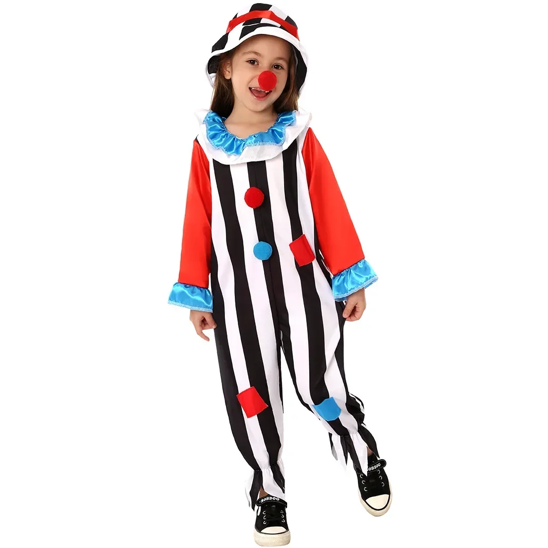 Kids Striped Onesies Clown School Party Stage Show Performance Roles Play Outfit Children Boys Girls Halloween Cosplay Costumes