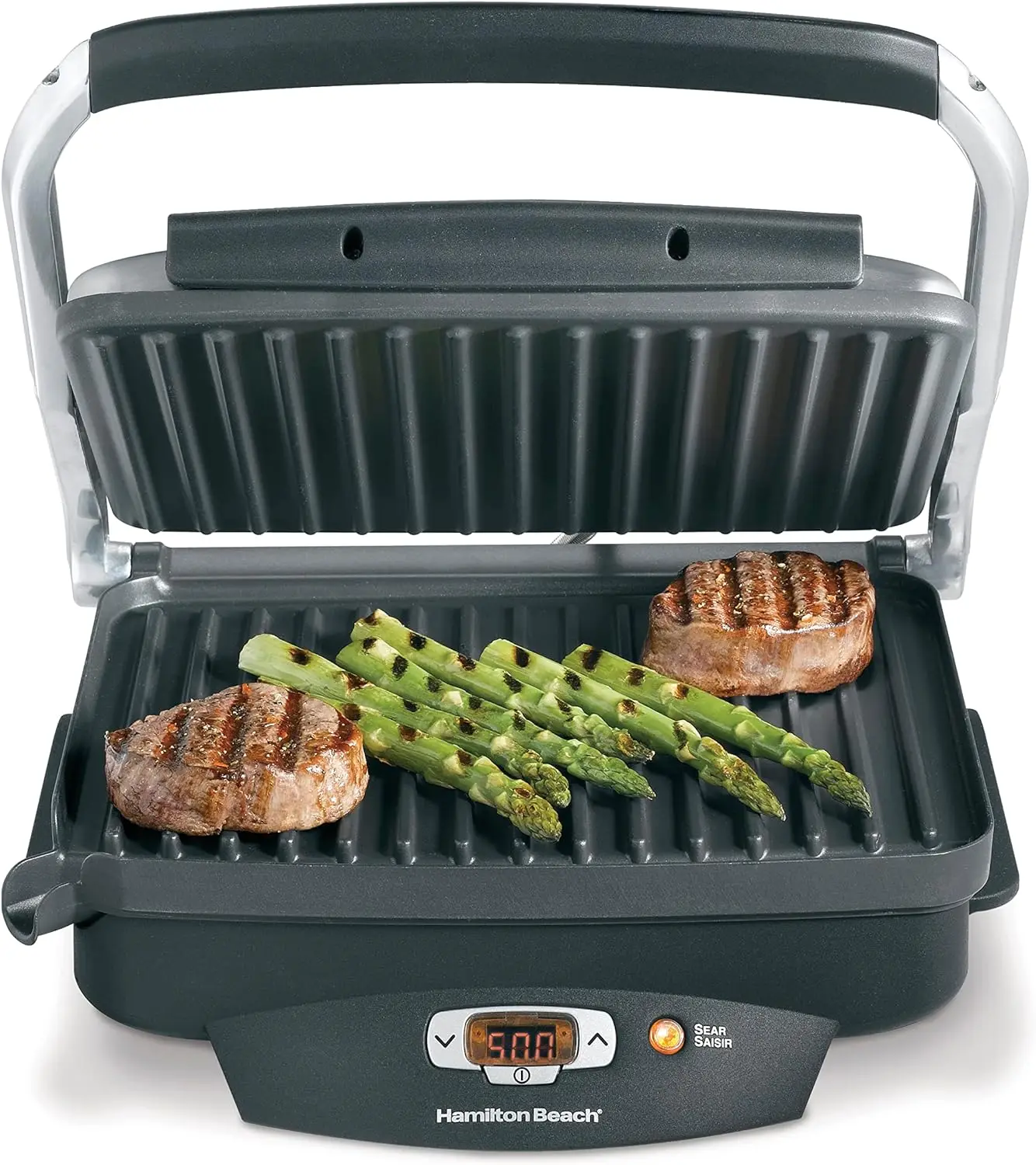 

Steak Lover's Electric Indoor Searing Grill, Nonstick 100 Square Stainless Steel (25331) Black and Stainless, Medium