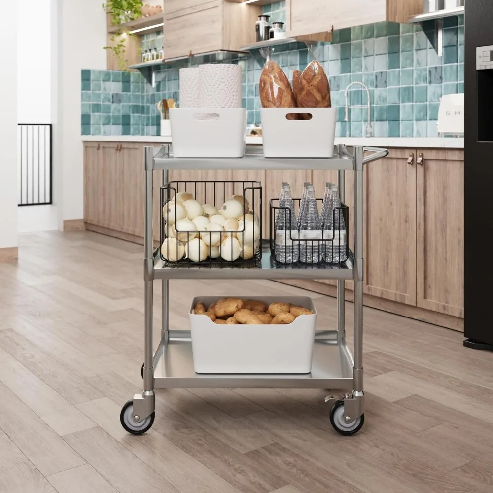 Carrinho utilitário de 3 camadas em aço inoxidável com rodas e alça - 15W x 24L x 33H, carrinho de metal durável para uso doméstico e de escritório