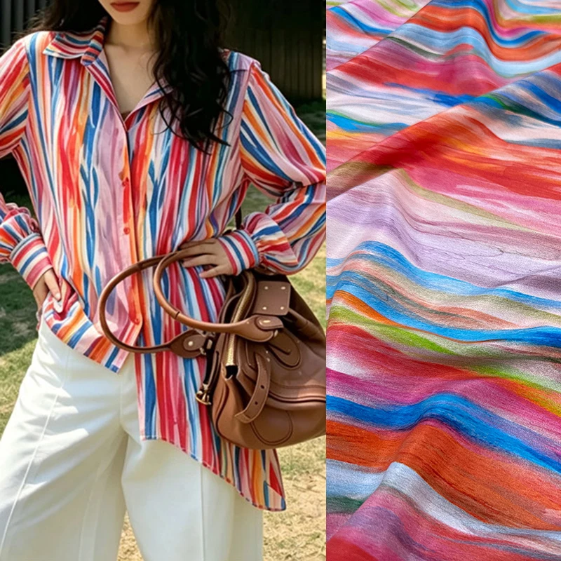 Colorful Rainbow Printed Stretch Silk Crepe de Chine Fabric for DIY Sewing Dress Pajamas Soft Comfortable Silk Fabric FR7003
