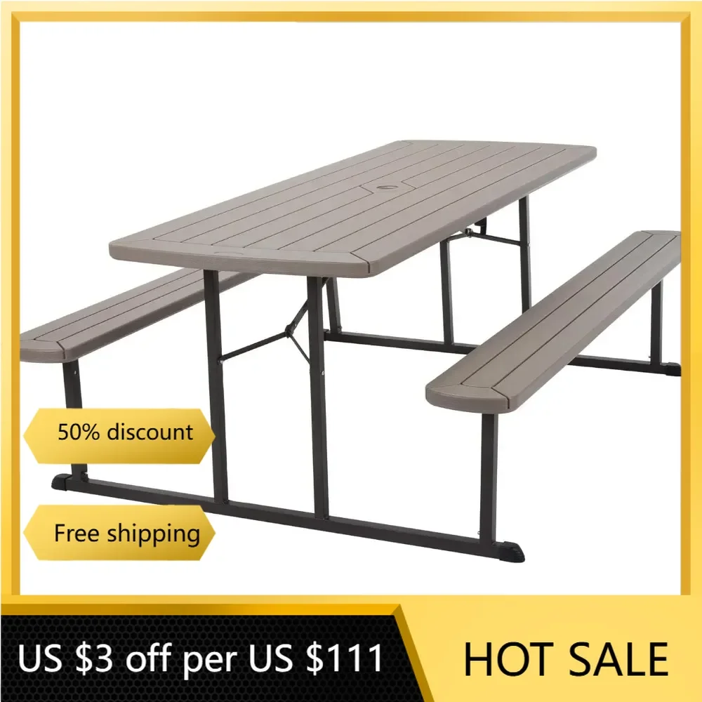 COSCO Outdoor Living 6 Ft. Folding Picnic Table, Taupe Wood Grain with Brown Legs Outdoor Furniture Outdoor Tables