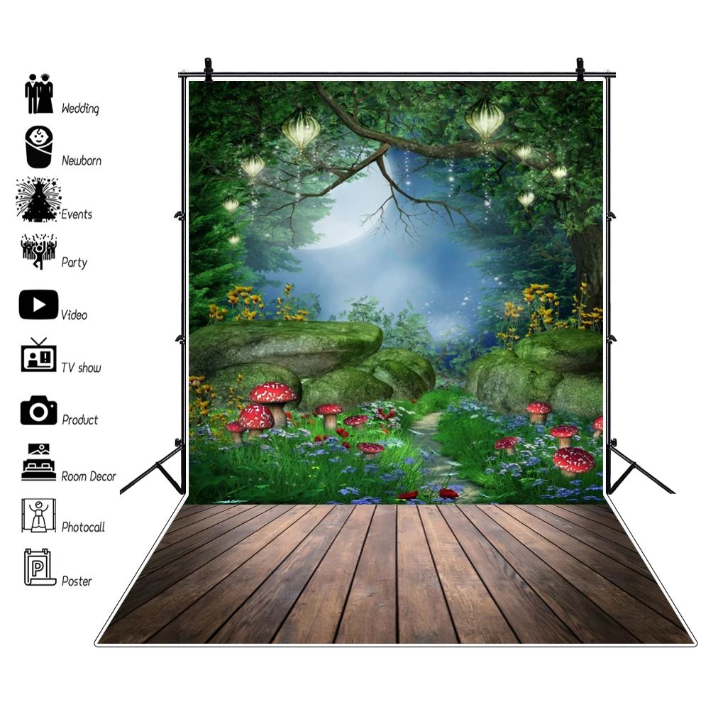 صورة خلفية حالمة لخلفية قوس الغابات والقمر للتصوير الفوتوغرافي لصورة عيد ميلاد الطفل صورة خلفية للتصوير بالاستوديو