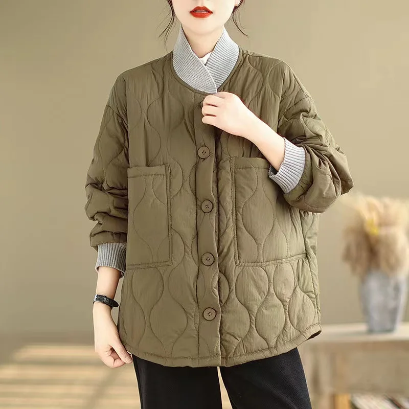 Light Weight Autumn Women Baseball Jackets 2024 New Casual Loose Age-reduced Cotton-Padded Thin Parkas Female Outerwear Coat