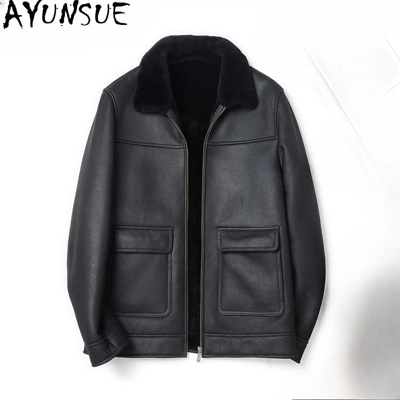 

AYUNSUE новая мужская шуба из натурального меха, зимняя роскошная куртка из натуральной овчины 2025 года, мужская теплая черная шуба из натуральной шерсти, кожаные куртки