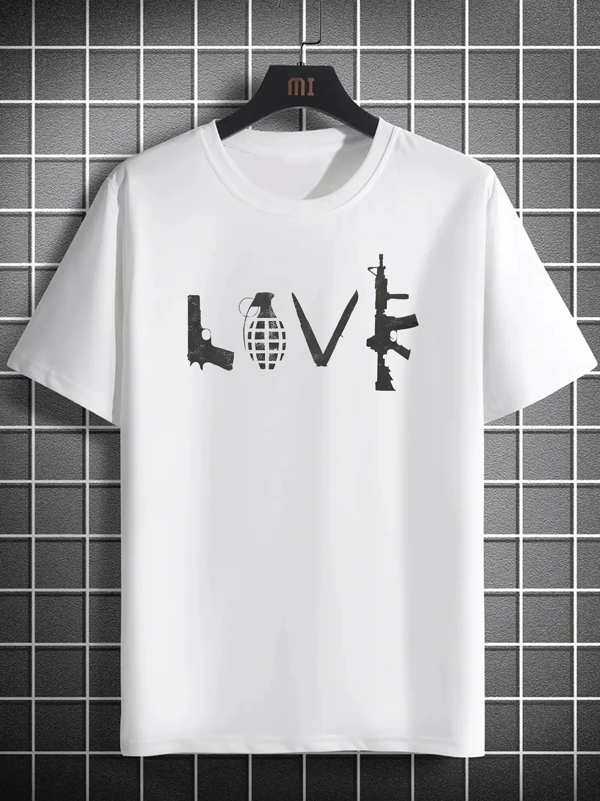 Lover Gun Print Men's T-Shirt Round Neck Short Sleeve Simple Style Tee Fashion Regular Casual Comfy Breathable Top Spring Summer