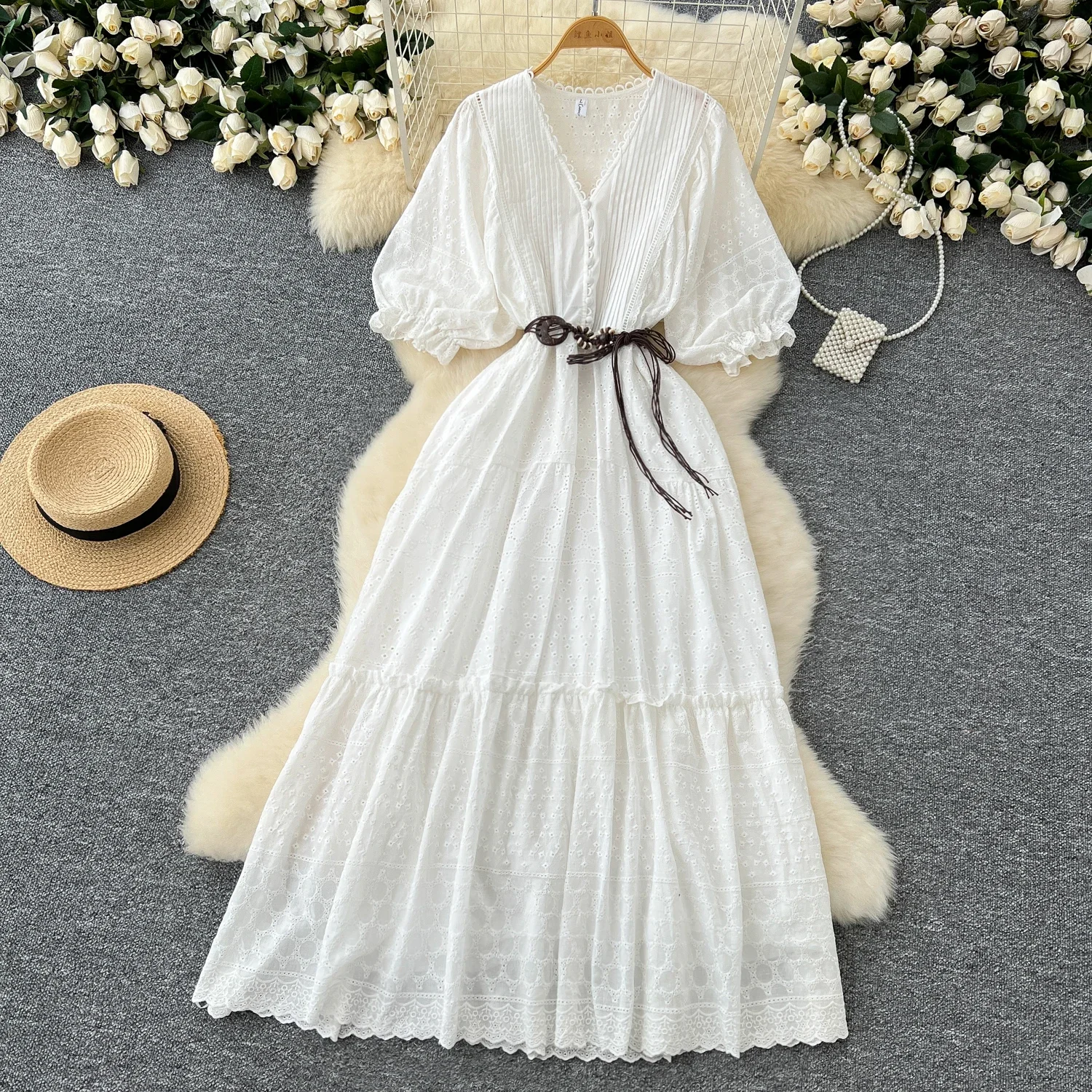 Chic V-neck Elegant Short Lantern Sleeve Slim Sashes High Street Embroidered Women Vintage Korean Fashion Vacation Summer Dress