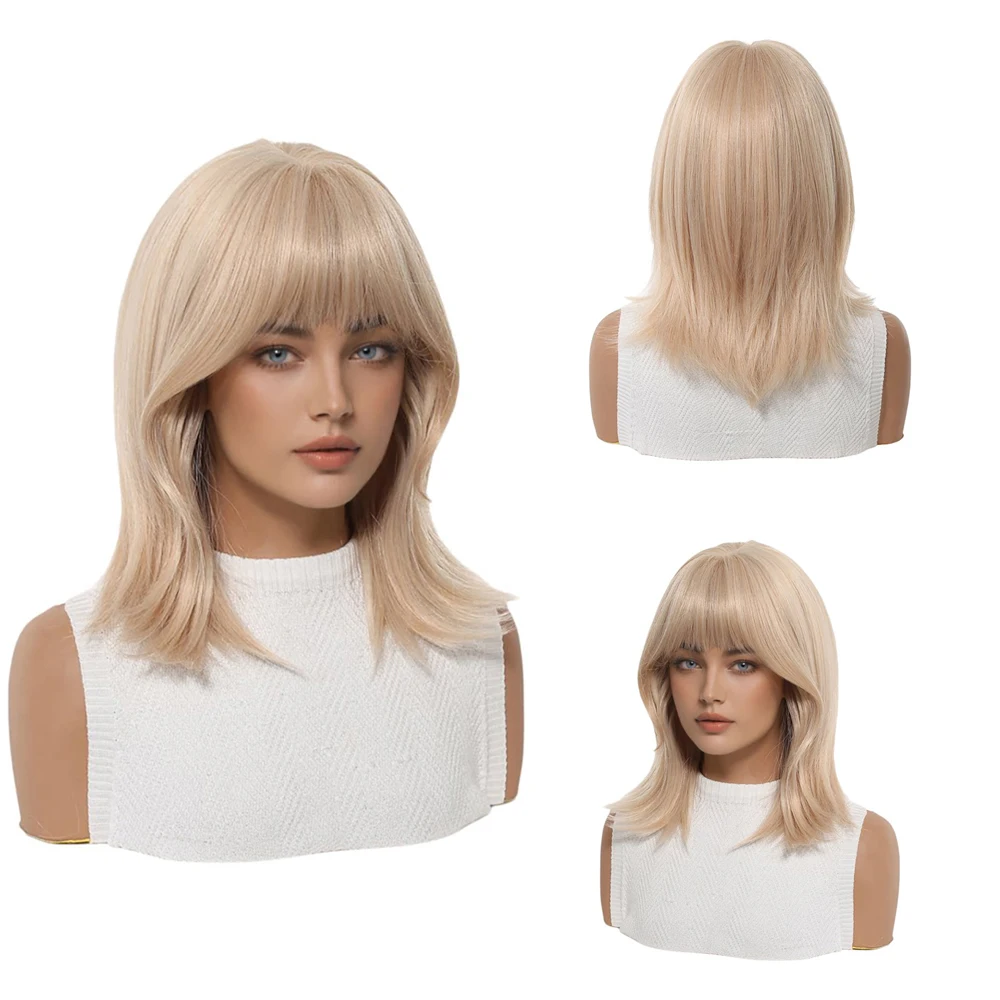 Milk Tea Blonde Wig With Bangs Shoulder Length Layered Wavy Synthetic Heat Resistant Full Head Wig For Women Daily Cosplay Party