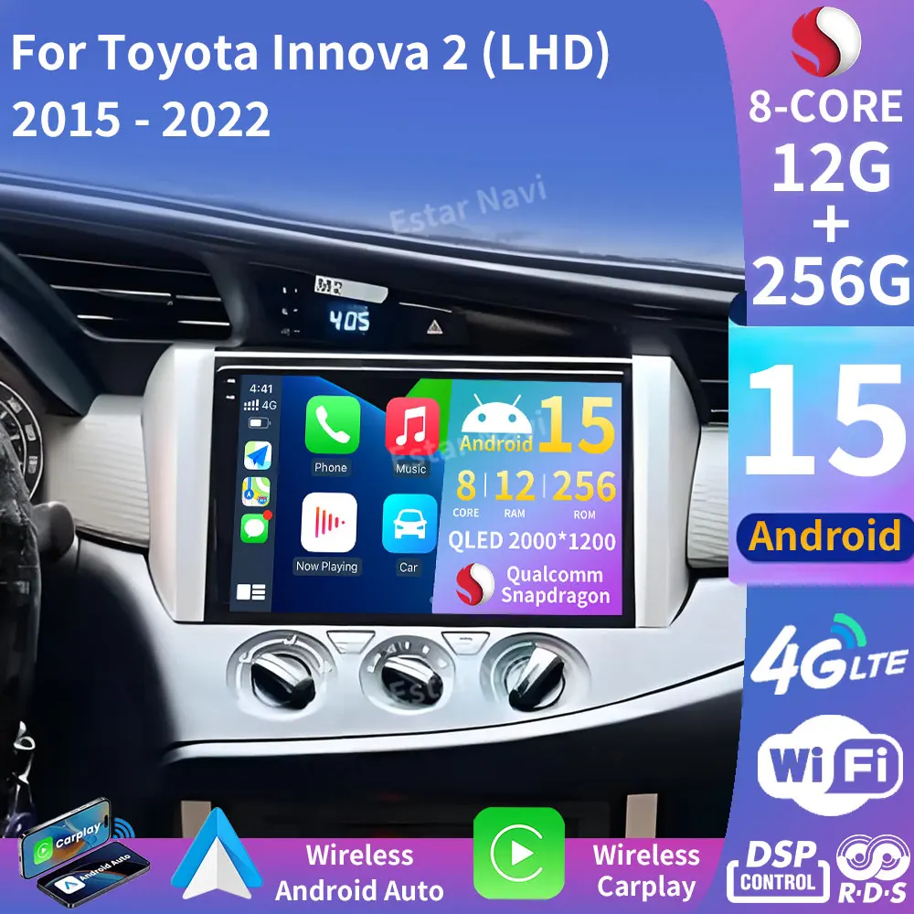 Android 15 Carplay For Toyota Innova 2 2015 - 2022 LHD 2din Wifi 360 Camera Auto BT Navigation Car Radio Video Player RDS Stereo