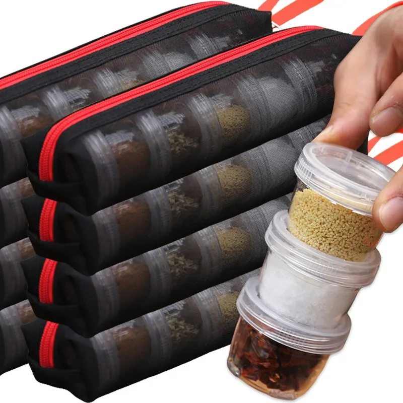 Camping Spice Kit Clear Seasoning Bottles with Nylon Storage Zipper Bag Outdoor Picnic Cooking Barbecue Condiment Container