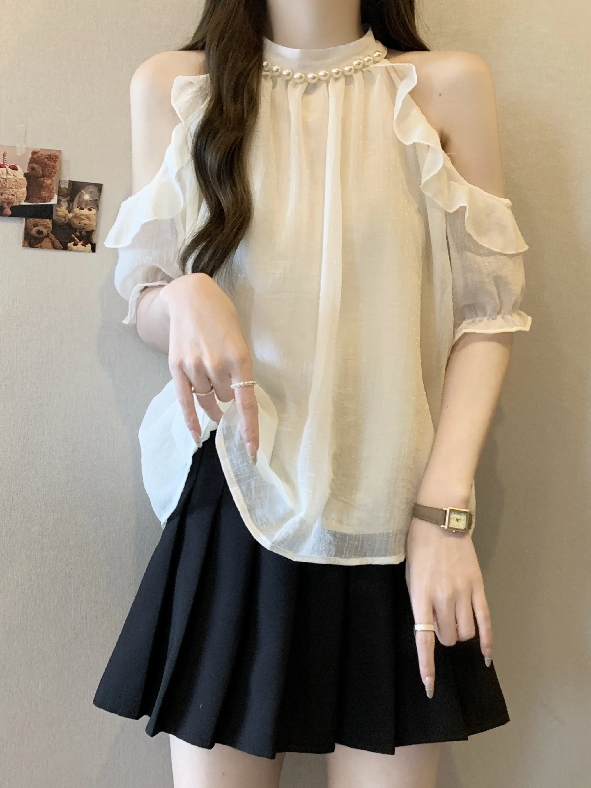 

Женская шифоновая блузка больших размеров с коротким рукавом, украшенная кружевом, с открытыми плечами, летняя, для полных женщин