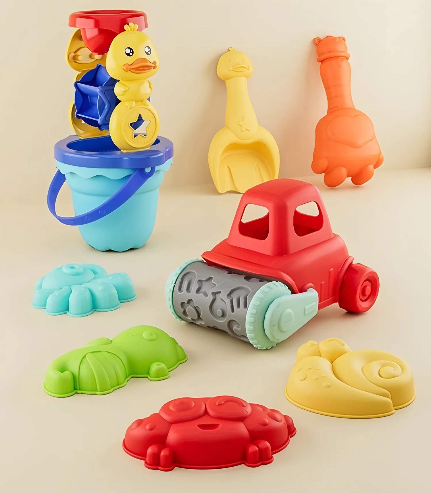 Conjunto de brinquedos de areia de praia para crianças portáteis com balde de castelo de areia, ferramentas de jogo para crianças ao ar livre para o dia das crianças presente selo carro de areia