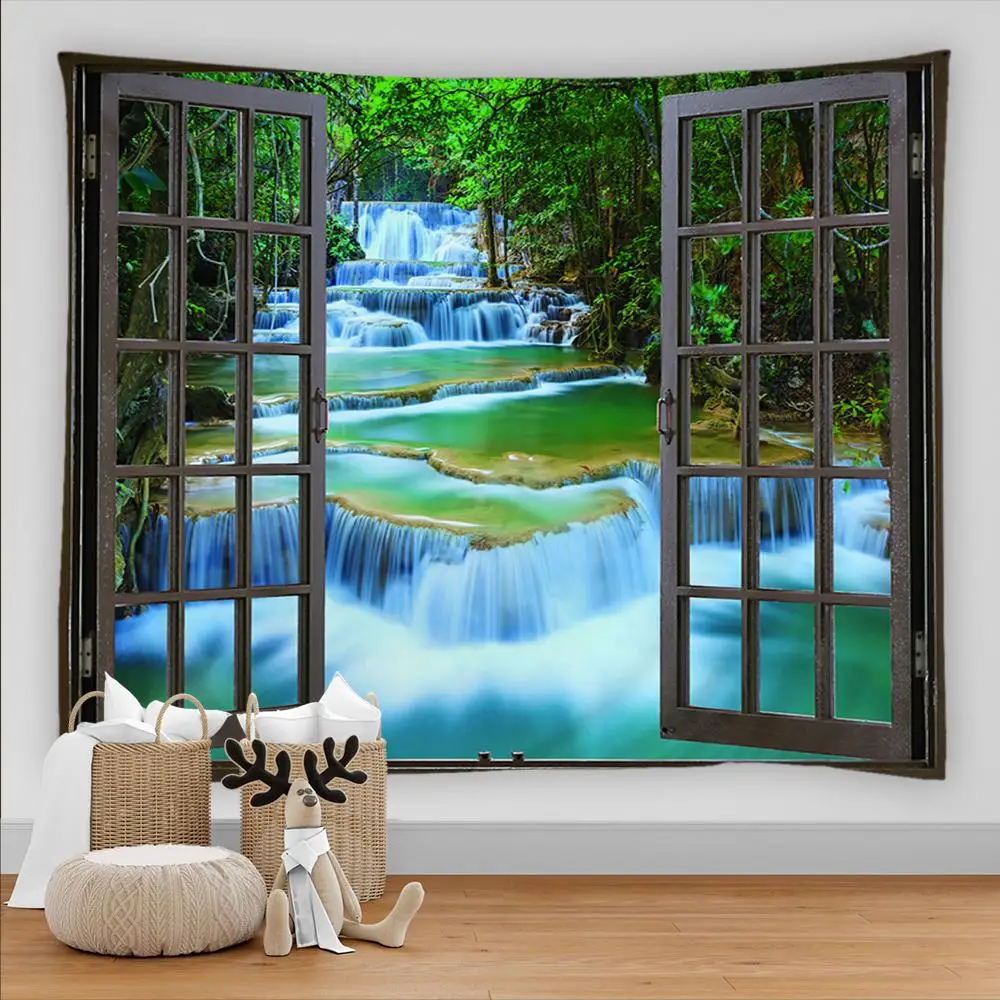 Natural Scenery Tapestry Beautiful Forest Window Waterfall Scenery Living Room Wall Canvas Home Decoration