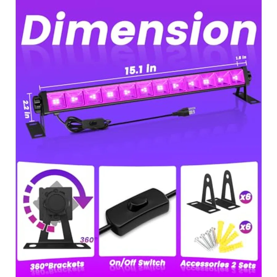 4W Pack LED Black Light Bar, Blacklight Light Up to Lagre Area with Feet Cable+Switch+Plug, Glow Party Light Supply for Hallowe view 6