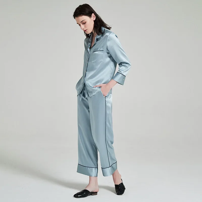22 Momme 100% Mulberry Silk Pajama Sleepwear Set Casual Long Sleeve Cardigan & Pants Women's Pajamas Casual 2 Pieces Loungewear
