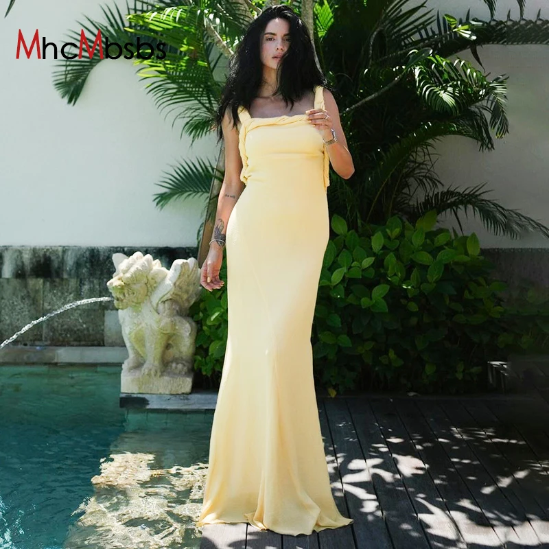 

Women Sexy Backless Lace Up Sling Dress Fashion Ruffles Sleeveless Slim Long Dresses Summer Female Elegant Evening Party Robes