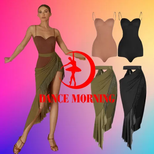 

ZYM Latin Dance Costume Women Performance Clothes Backless Tops Slit Fishtail Skirt Adult Practice Wear Fringe Latin skirt green
