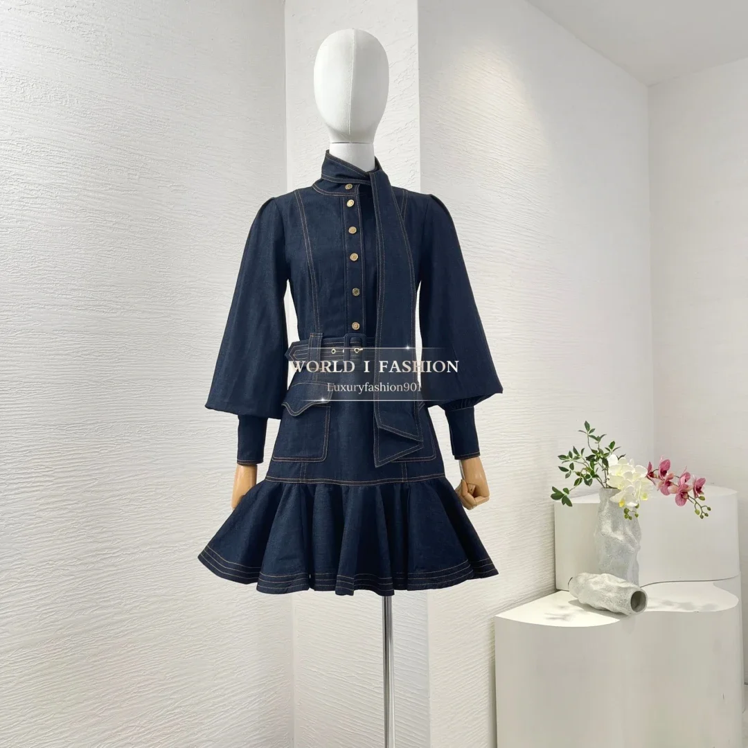 Serie mini-jurk met veters en riem 2025, nieuwkomers, hoogwaardige puur katoenen damesdenim