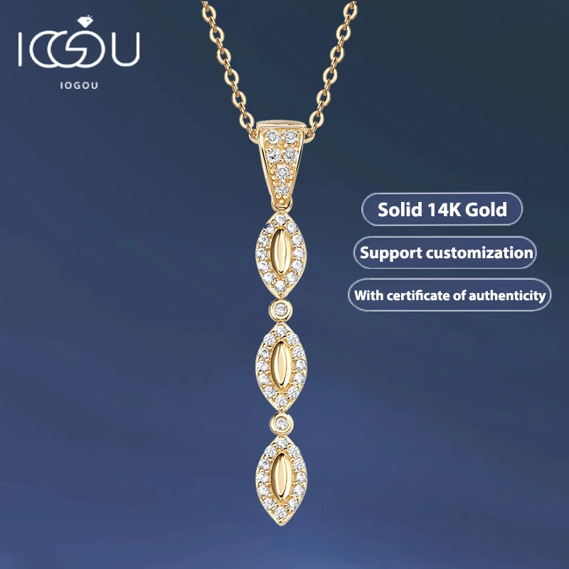 

IOGOU Real 14K Solid Gold Halo Cubic Zircon Strip Pendant Necklace for Women Silver 925 Chain Link Original Wedding Fine Jewelry