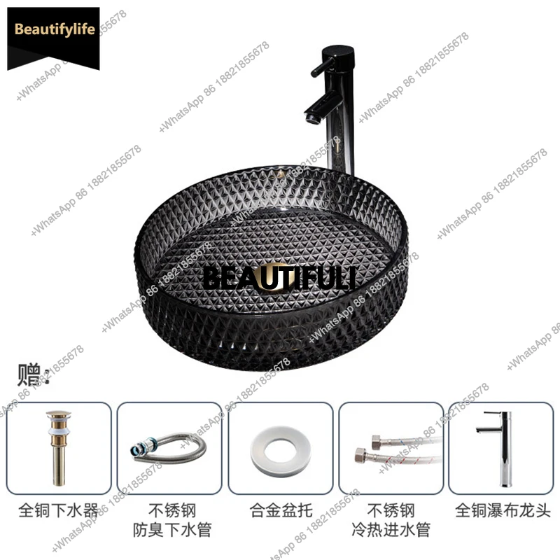 B567 Round Countertop Wash Hand Basin Translucent Tempered Glass Basin with Retractable Sink Bathroom Sink Basin for Bathroom