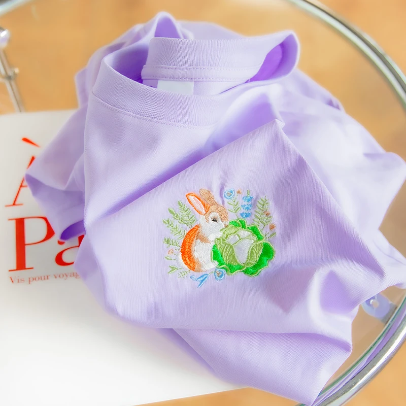 لطيف أرنب التطريز فضفاض المرأة تي شيرت 2025 جديد الربيع الصيف س الرقبة قصيرة الأكمام 100% القطن شيك بلايز عادية و تيز S-3XL