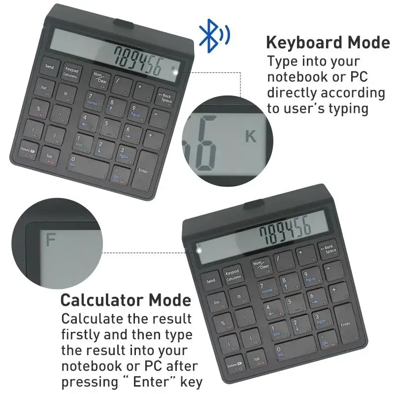 Imagem -02 - Teclado Numérico sem Fio para Windows Android Iphone Display Lcd Calculadora Bluetooth Teclado Numérico em 1