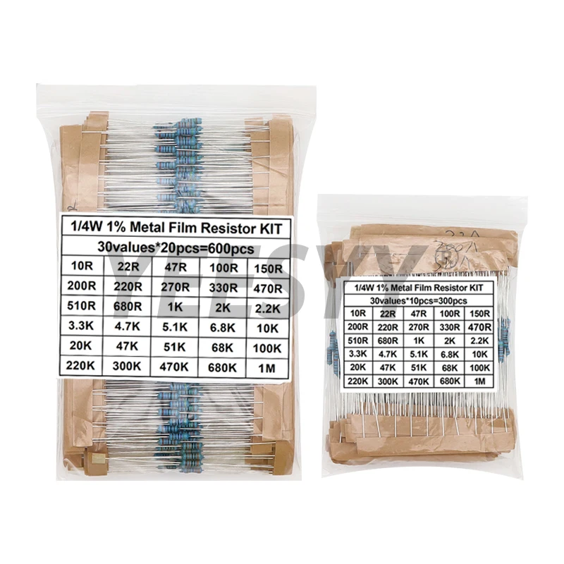 

600pcs/set 300pcs/set 30 Kinds 1/4W Resistance 1% Metal Film Resistor Pack Assorted Kit 1K 10K 100K 220 ohm 1M Resistors