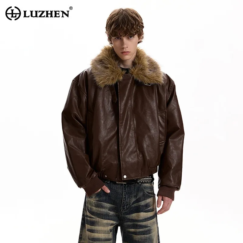 

LUZHEN 2025, зимняя новая модная высококачественная кожаная стеганая куртка из искусственной кожи с меховыми лацканами, мужская красивая теплая парка, пальто, одежда JY5124