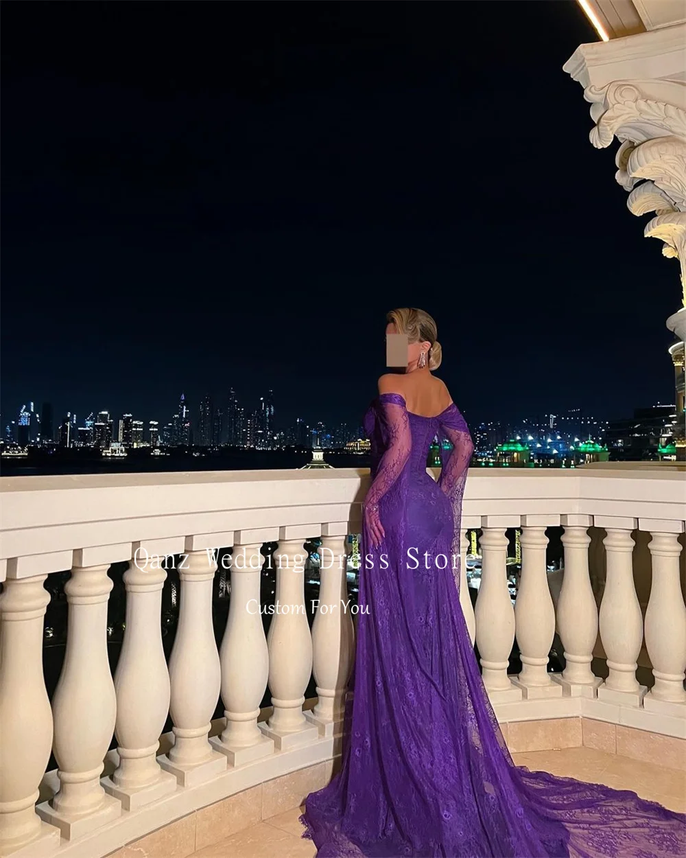 Qanz Purple Lace Luxury Evening Dresses Long Cape Sleeves Mermaid Vestidos De Fiesta 2024 Abendkleider Dubai Customized