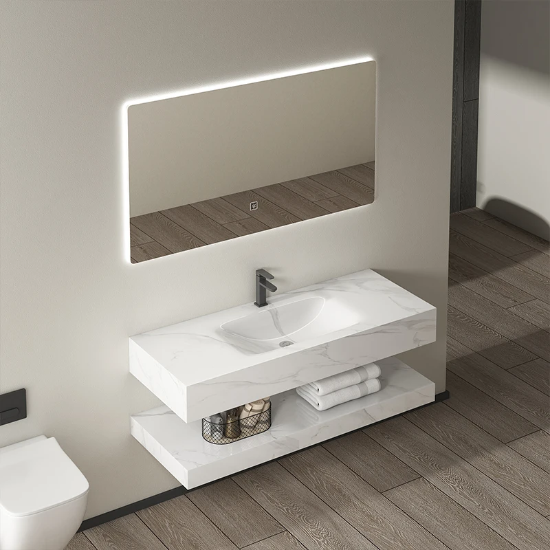 Factory Wholesale Custom Size Modern Marble Luxury Hotel Home Wall Mount Bathroom Cabinet Slate Stone Basin Bathroom Sink