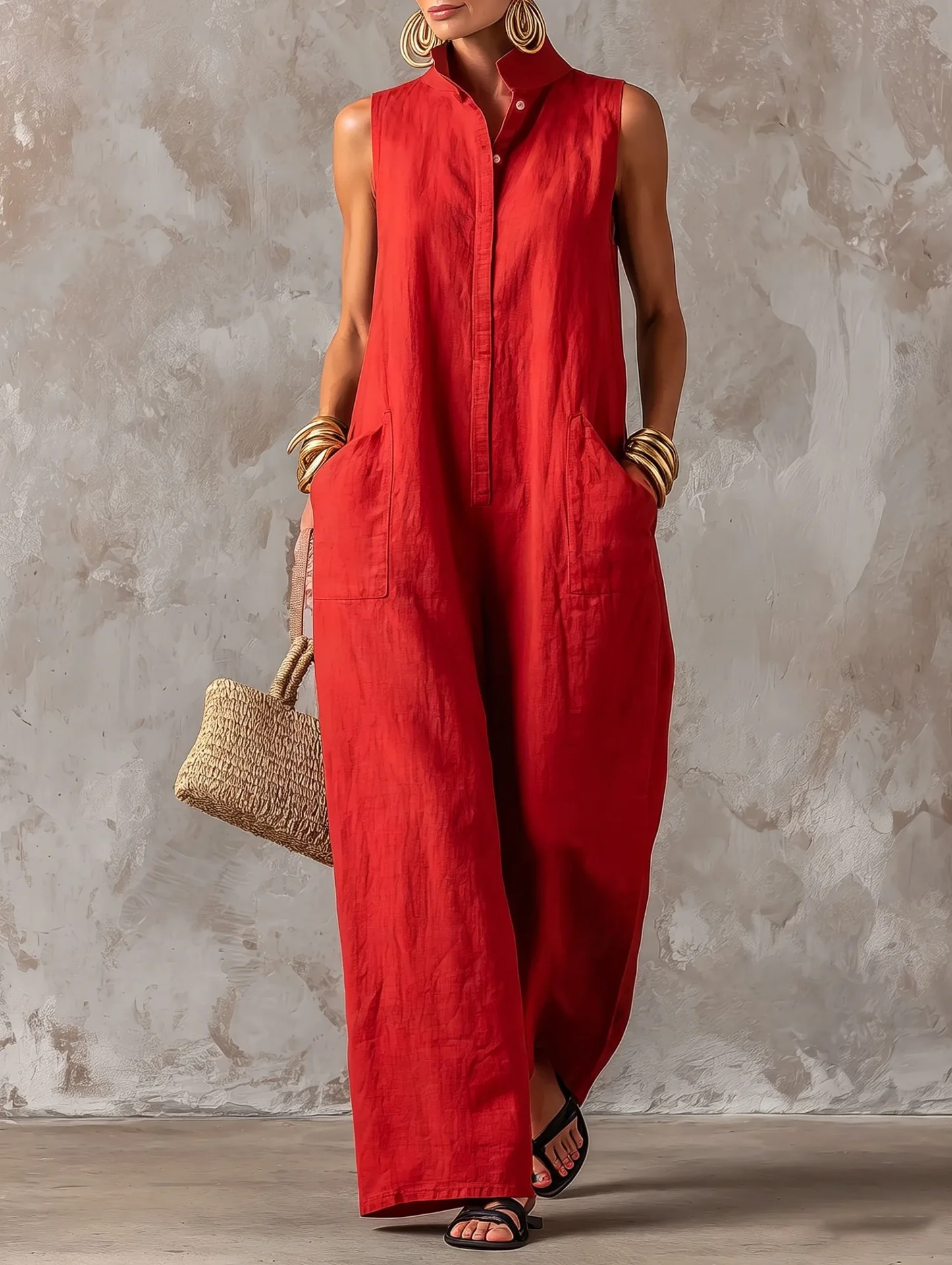 Urlaubs-Jumpsuit mit Stehkragen, ärmellos, aus Leinen, mit Knopfleiste, locker geschnittene, weitbeinige Hose, Damenbekleidung – Detail 13