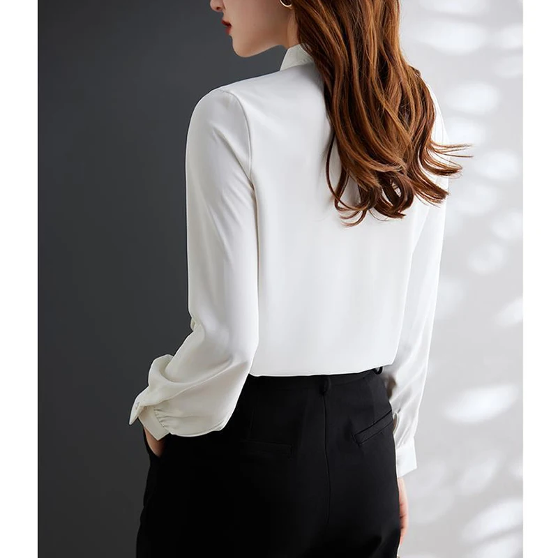 Women Korean Fashion Bow Lace Up Ruffled Shirts Office Lady Elegant Business Casual Blouse Vintage Solid Long Sleeve Loose Tops