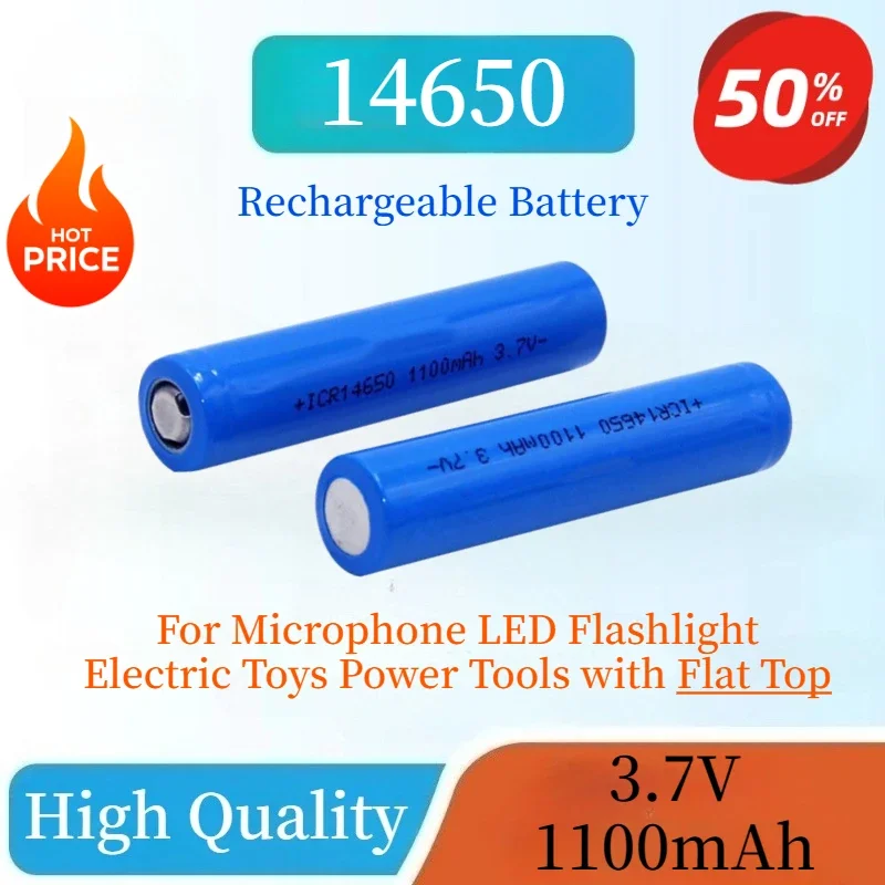 

New 14650 3.7V 1100mah Rechargeable Blue Li-ion Battery For Microphone LED Flashlight Electric Toys Power Tools with Flat Top