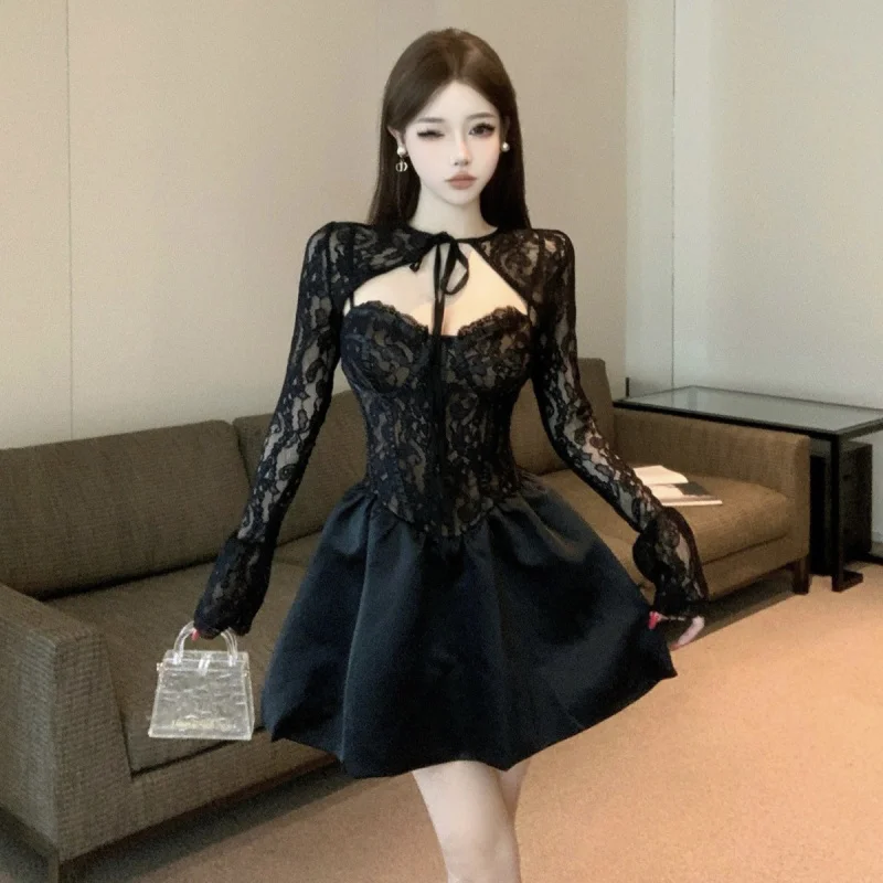 

Lace-Up Hollow-Out Dress Waist-Cinching, Flared, Elegant Long-Sleeved Short Dress