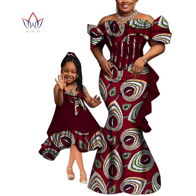 African Traditional Wear For Women And Girls Baby Family Sets Off Shoulder Party Dress Africa Style Fashion Clothing WYQ897