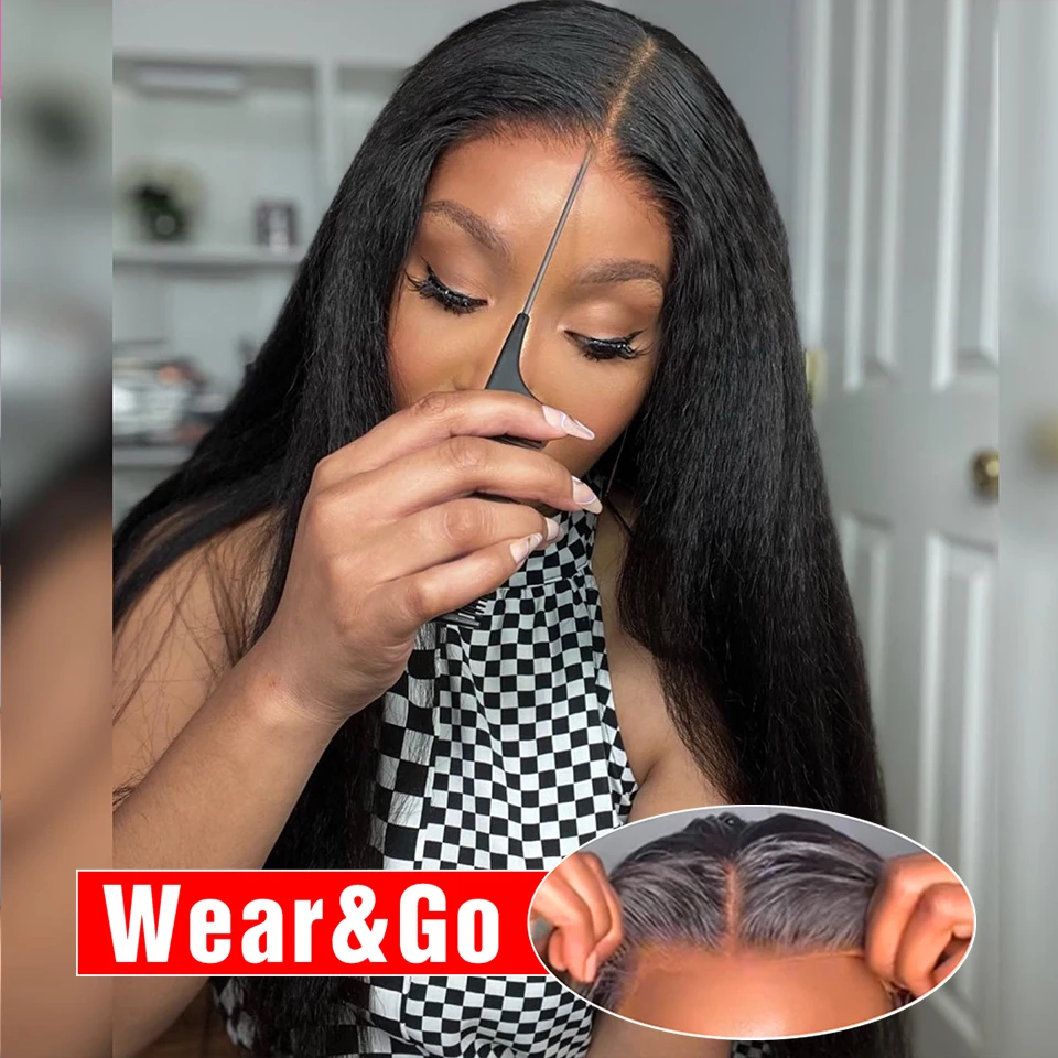 Yaki Kinky Straight Glueless Human Hair Wig for Women, Prête à porter, Pré-plumé, 6x4 HD Lace Wigs, Pre-Cut, No Glue, 200%