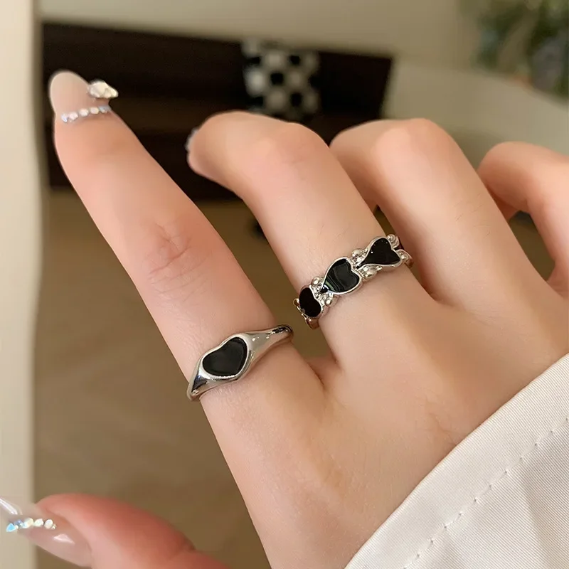 Retro Hiphop Black Heart Ring Jewelry Set Open Adjustable Free Size Anneaux Men Women Anillos Aesthetic Anel Accessories Gift