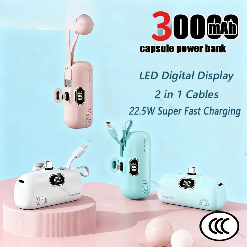 For VIVO 30000mAh Mini Power Bank Fast Charging Portable Charger 22.5W Lighting Type-c for iPhone Huawei Emergency External