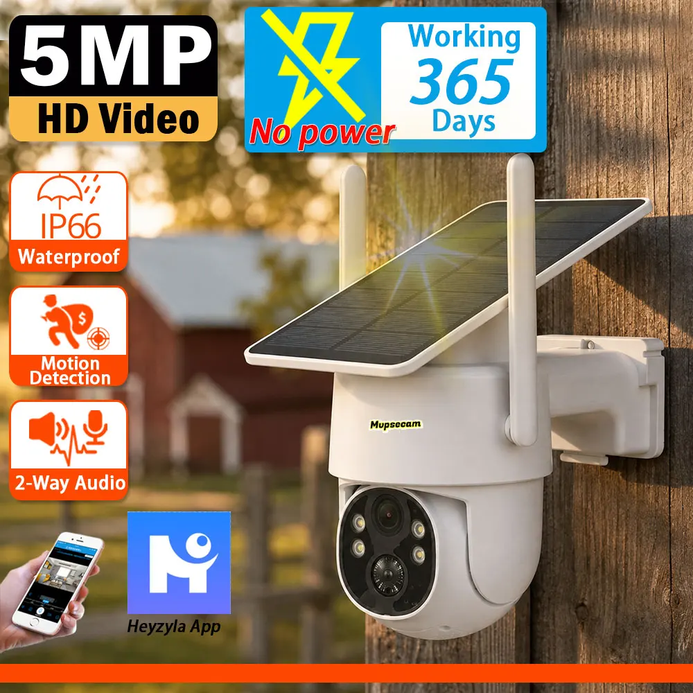 5MP Solar Outdoor Camera with 2 Way Audio Rechargeable Battery and PIR Human Detection PTZ Wireless WiFi Full Color Night Vision