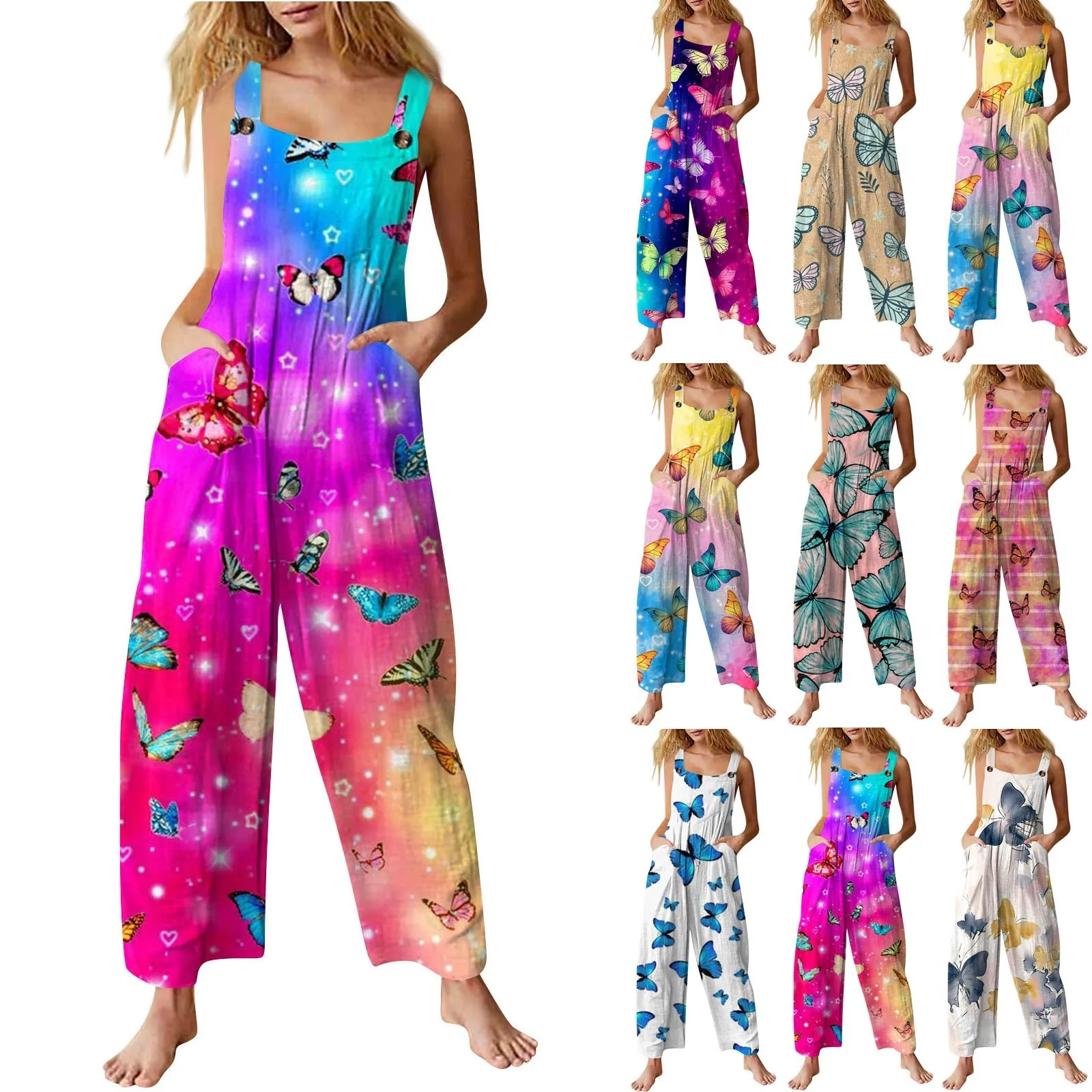 Women Casual Loose Jumpsuits Butterflies Print Women's Overalls Boho Sleeveless Cotton Linen Jumpsuits Rompers Summer New