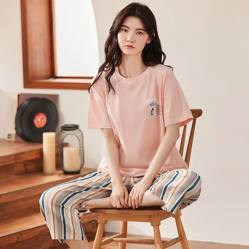 

Lady Cotton Sleepwear Women Cartoon Summer New Short Sleeve Nightwear Female Loose Casual Two Piece Set Pajamas Homewear