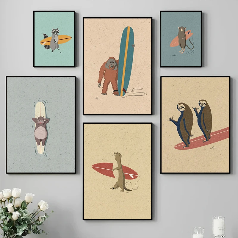 Vintage Cartoon Surfing Animals Canvas Painting Posters Prints Surfing Sloth Frog Racoon Skateboarding Zebra Wall Art Room Decor