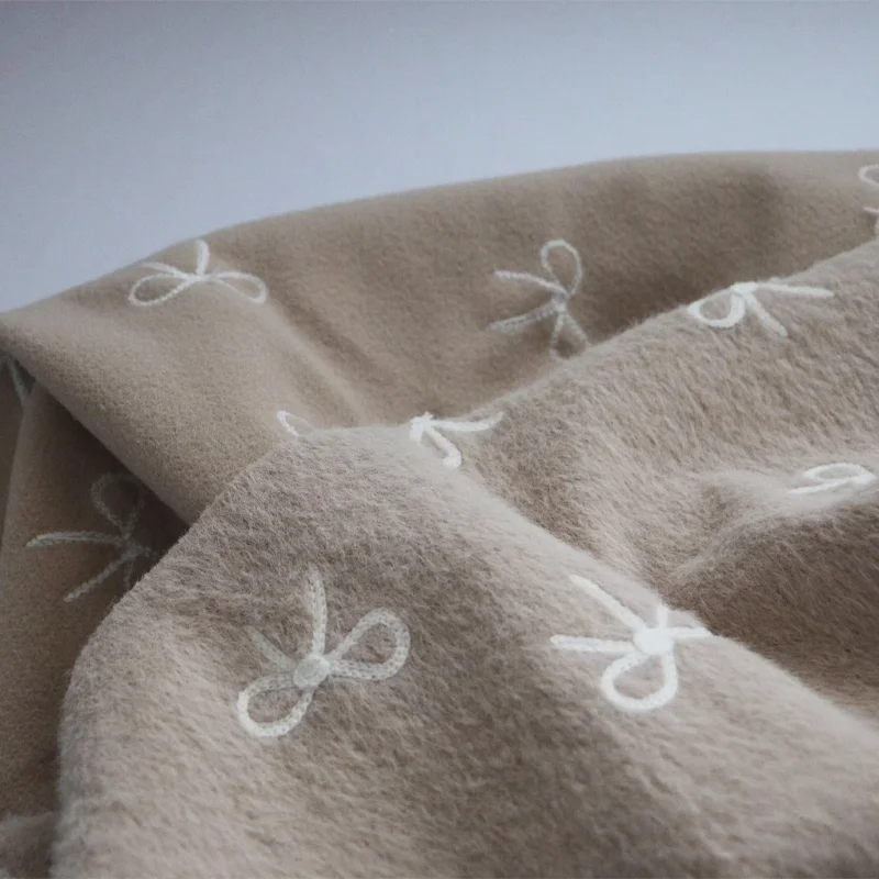 

Plush Fabric Autumn Winter Coffee Colored Bow Embroidery Fabric Handmade Bag Jacket Fabric