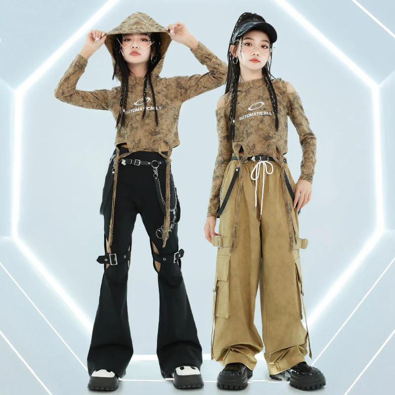 Kids Jazz Dance Costume Girls Hooded Tops Khaki Cargo Pants Hip Hop Performance Suit Kpop Concert Catwalk Stage Outfits BL14180