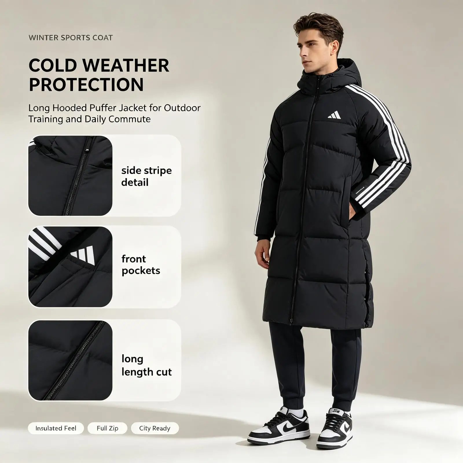 New Adidas Black Long Hooded Puffer Jacket Men Winter Warm Sports Coat White Stripes Insulated Outerwear