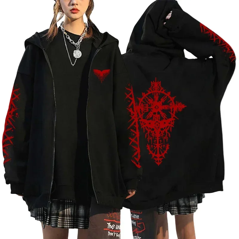 Gothic Pattern Print Zipper Hoodies Women Men Autumn Winter Casual Fashion Streetwear Y2K Long Sleeve Fleece Zip-up Sweatshirts