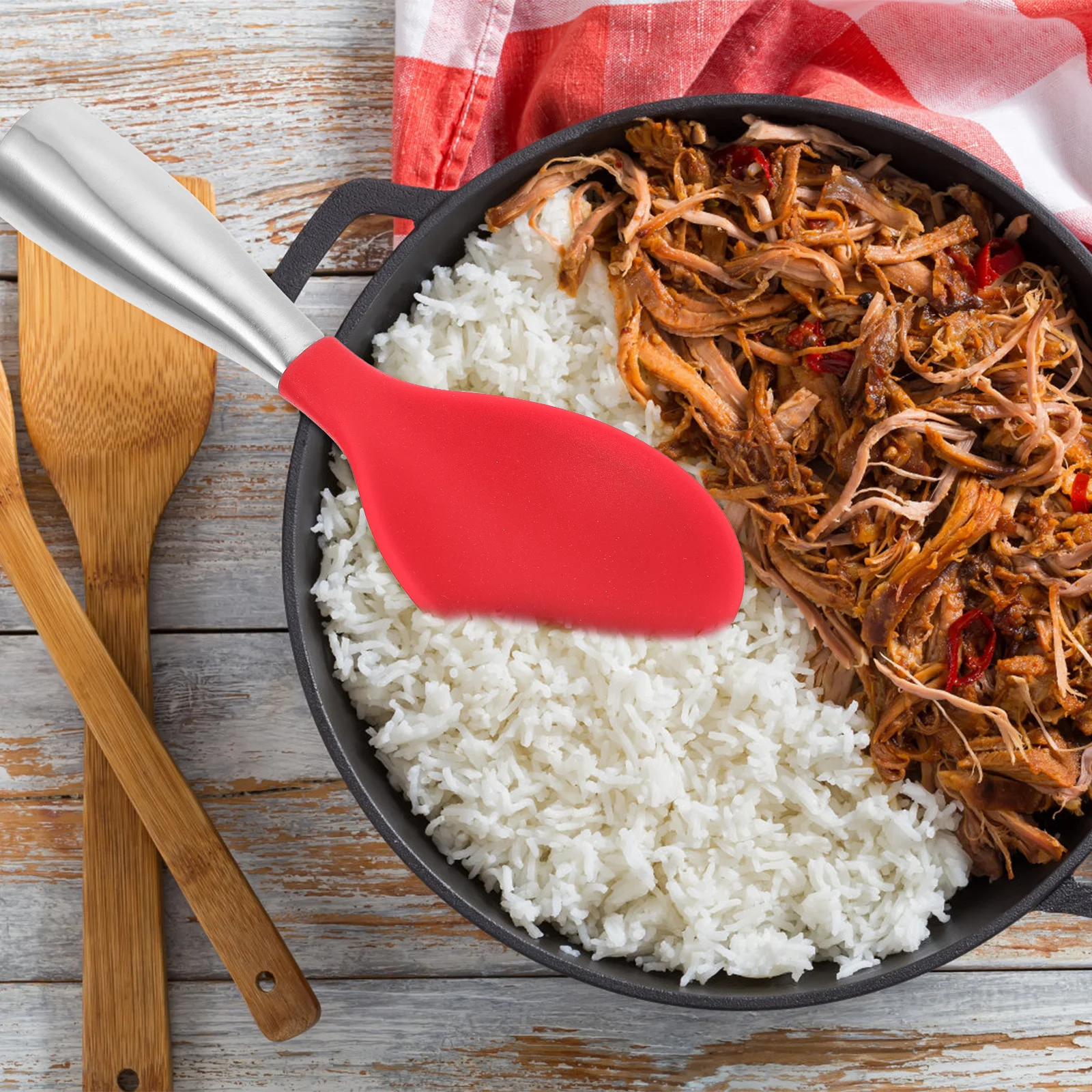 

1Pcs Silicone Rice Spoon Red with Stainless Steel Handle Standable Rice Serving Spoon Kitchen Tableware for Home