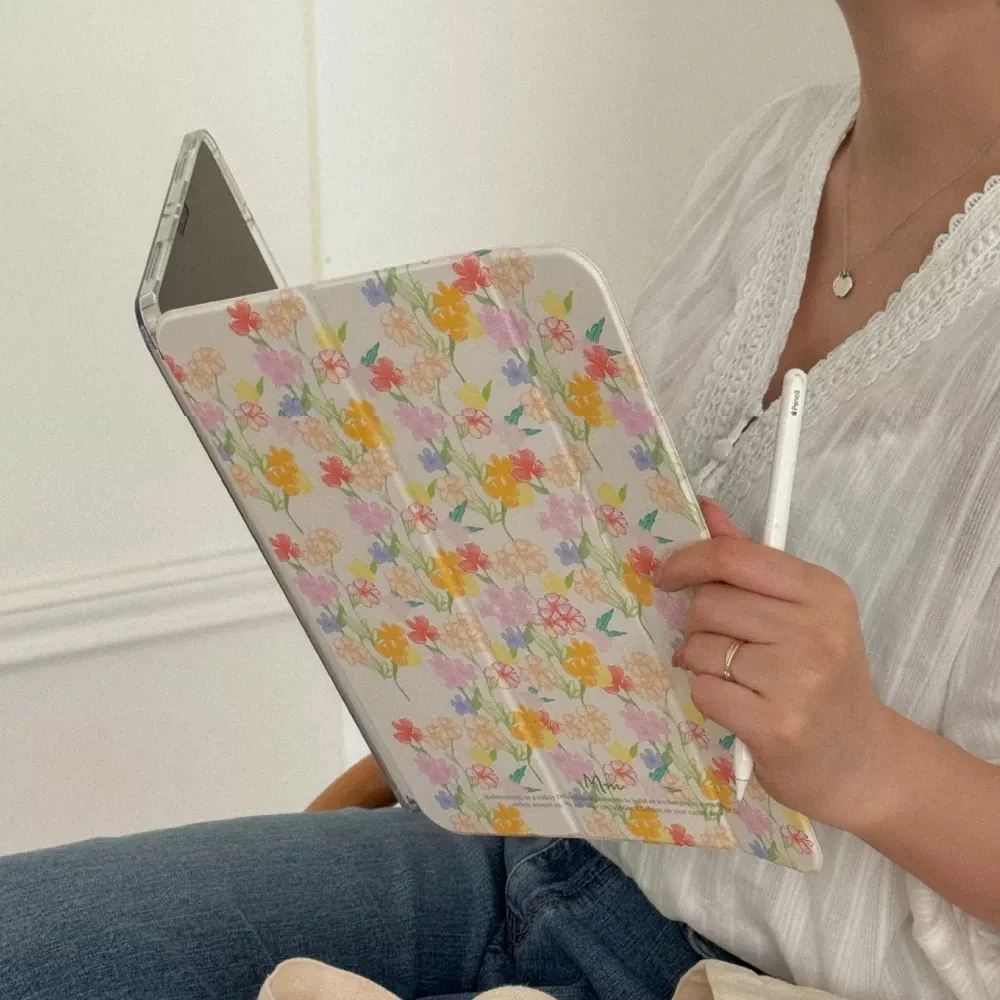 Blooming Aura Korea Ins Flower Exquisite Cute For iPad Case iPad 10 9 8 7 Air 5 4 3 2 Pro 11 Mini Three Fold Transparency Cover